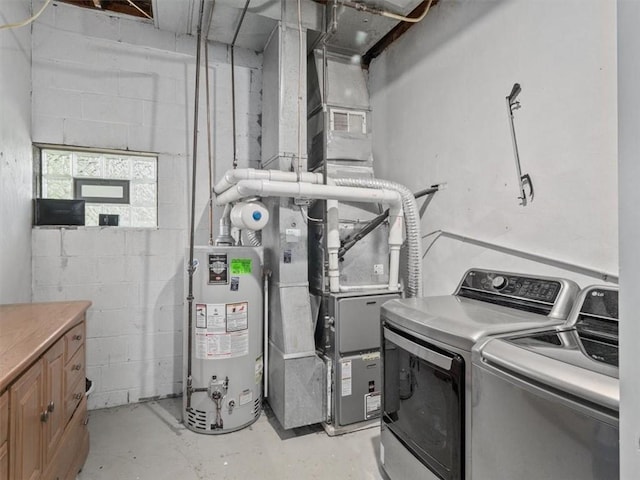 773 Somerville Dr, Saint Clair, PA 15243 - laundry room featuring water heater, concrete block wall, separate washer and dryer, and cabinet space