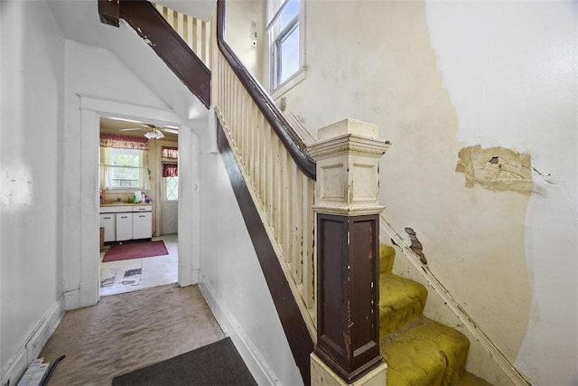 11839 Crockett St, North Huntingdon, PA 15647 - staircase featuring a high ceiling and ceiling fan