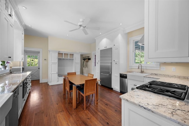 904-906 Blackburn Rd, Sewickley Heights, PA 15143 - kitchen featuring stainless steel built in refrigerator, white cabinetry, a ceiling fan, and recessed lighting