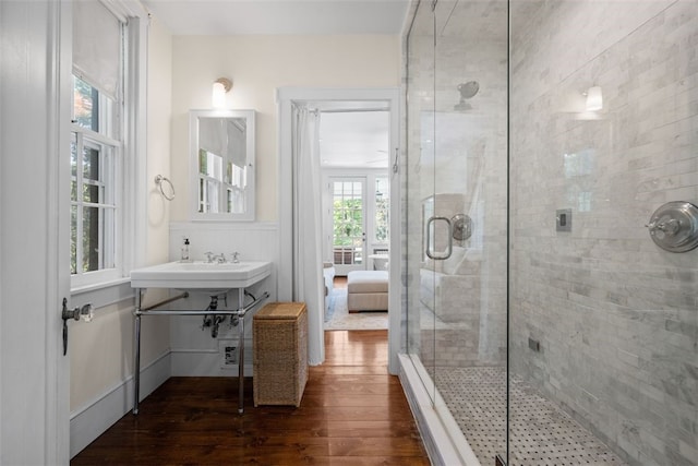 904-906 Blackburn Rd, Sewickley Heights, PA 15143 - full bath with wood finished floors, a stall shower, ensuite bathroom, and a wainscoted wall