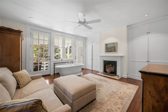 904-906 Blackburn Rd, Sewickley Heights, PA 15143 - living room with a fireplace with flush hearth, a ceiling fan, wood finished floors, and recessed lighting