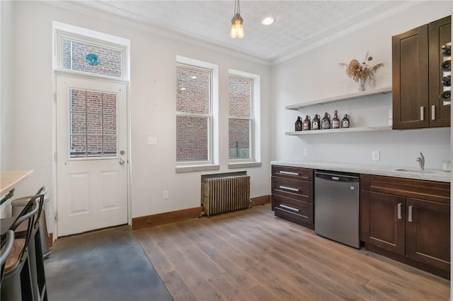 4034 Willow St, Lawrenceville, PA 15201 - kitchen with radiator heating unit, stainless steel dishwasher, dark brown cabinets, open shelves, and ornamental molding