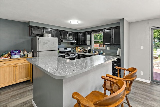 553 Indus St, Greenfield, PA 15207 - kitchen featuring stainless steel gas range, freestanding refrigerator, under cabinet range hood, and wood finished floors