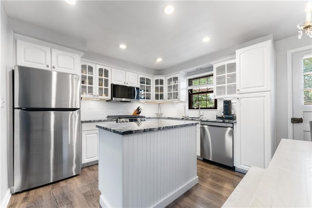 202 Lytton Rd, Moon/Crescent Twp, PA 15108 - kitchen with appliances with stainless steel finishes, plenty of natural light, dark stone counters, dark wood-style floors, and recessed lighting