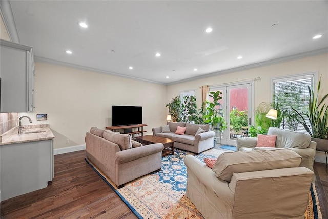 246 42nd St, Lawrenceville, PA 15201 - living area featuring dark wood-style floors, ornamental molding, and recessed lighting