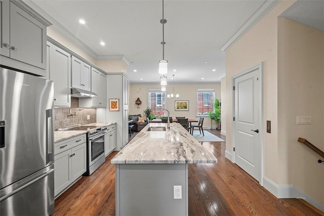 246 42nd St, Lawrenceville, PA 15201 - kitchen with appliances with stainless steel finishes, a center island with sink, under cabinet range hood, backsplash, and light stone counters