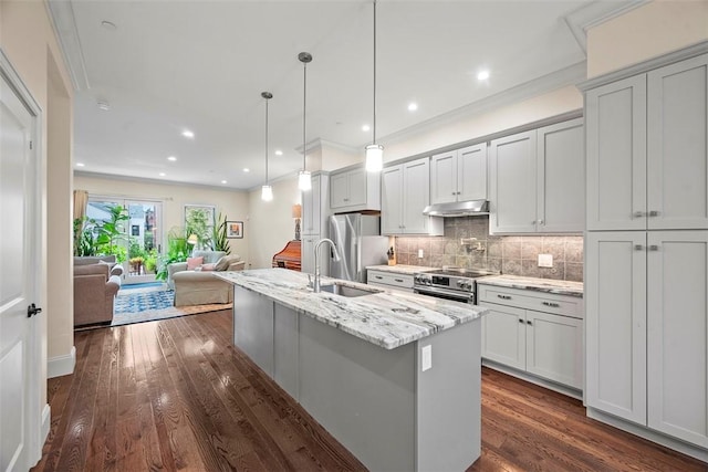 246 42nd St, Lawrenceville, PA 15201 - kitchen with under cabinet range hood, stainless steel appliances, tasteful backsplash, a kitchen island with sink, and dark wood-type flooring