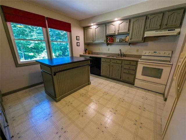 217 Thornwood Dr, Twp Of But Se, PA 16001 - kitchen featuring white electric range, under cabinet range hood, black dishwasher, open shelves, and light flooring