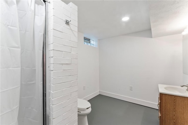 full bathroom with finished concrete floors, vanity, and a shower with curtain