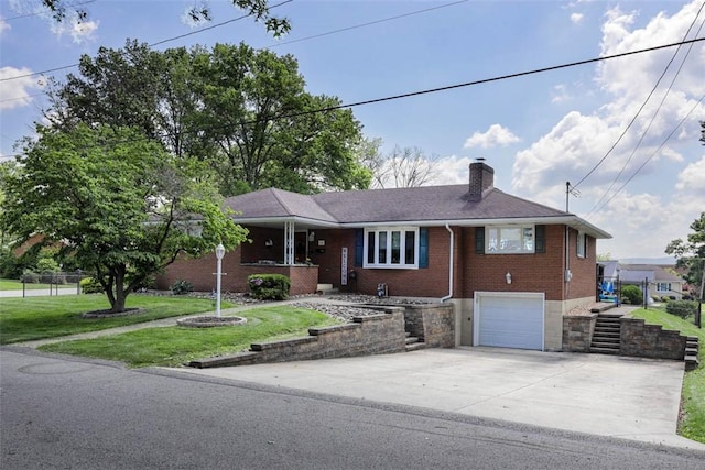 16 Grace Rd, Scottdale, PA 15683 - ranch-style home featuring driveway, brick siding, an attached garage, a chimney, and a front yard