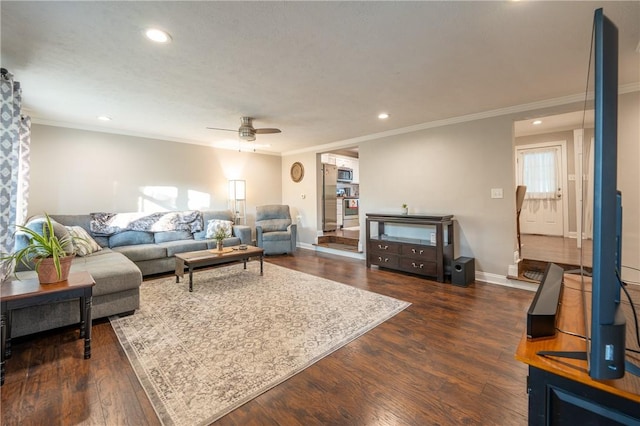 563 Edward St, Derry Twp, PA 15650 - living room with crown molding, a ceiling fan, dark wood-style flooring, and recessed lighting