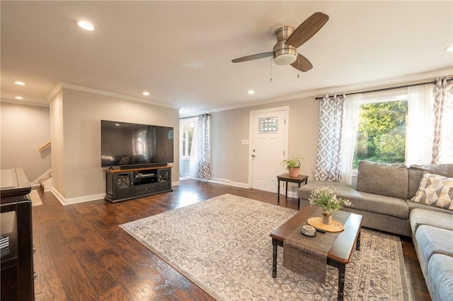 563 Edward St, Derry Twp, PA 15650 - living room featuring crown molding, plenty of natural light, stairs, a ceiling fan, and recessed lighting