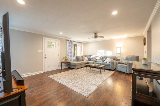 563 Edward St, Derry Twp, PA 15650 - living area featuring dark wood-style floors, crown molding, recessed lighting, and ceiling fan