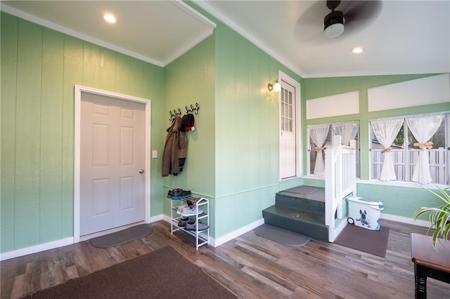 563 Edward St, Derry Twp, PA 15650 - entryway with ornamental molding, ceiling fan, and wood finished floors