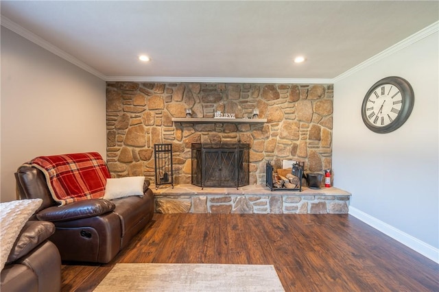 563 Edward St, Derry Twp, PA 15650 - living area featuring crown molding, a stone fireplace, wood finished floors, and recessed lighting