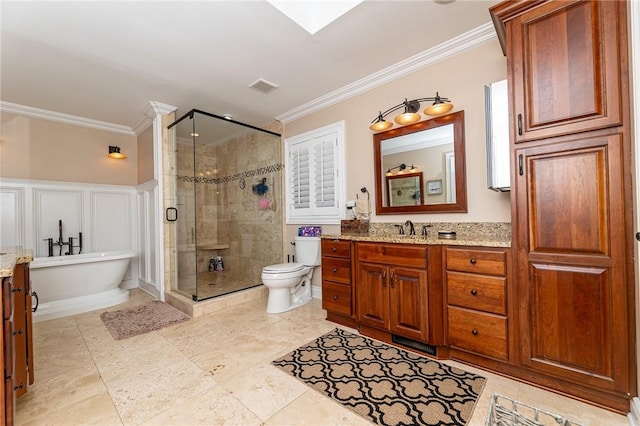 391 Browns Hill Rd, Middlesex Twp, PA 16059 - full bath featuring crown molding, vanity, a freestanding bath, and a stall shower