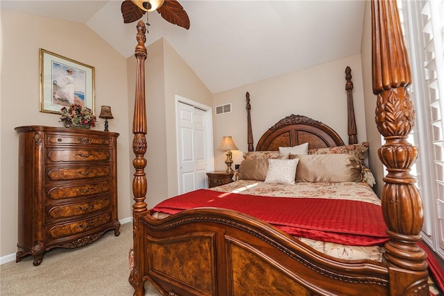 391 Browns Hill Rd, Middlesex Twp, PA 16059 - bedroom featuring lofted ceiling, light colored carpet, a closet, and ceiling fan