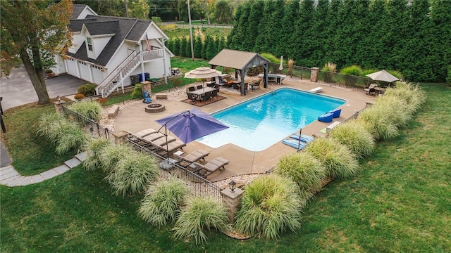 391 Browns Hill Rd, Middlesex Twp, PA 16059 - view of swimming pool featuring a gazebo, stairway, a patio area, an outdoor living space with a fire pit, and a diving board