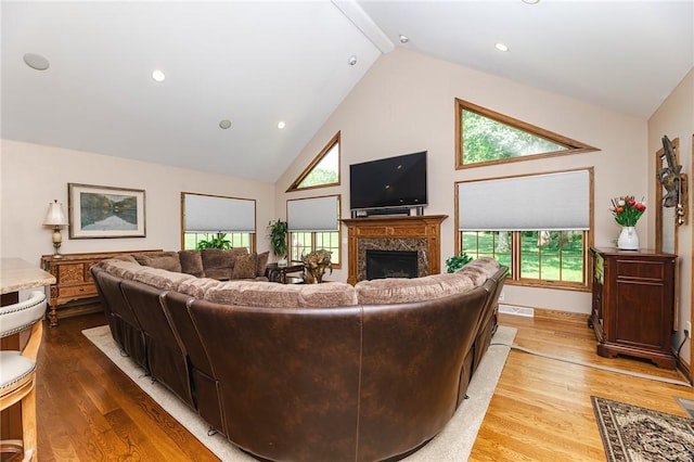 391 Browns Hill Rd, Middlesex Twp, PA 16059 - living area with a high end fireplace, high vaulted ceiling, light wood finished floors, and healthy amount of natural light
