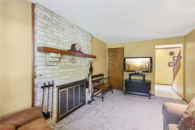 105 Gary Dr, Ohio Twp, PA 15143 - carpeted living room featuring stairway and a brick fireplace