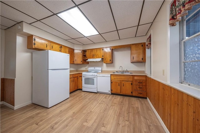3240 Rothpletz St, Marshall Shadeland, PA 15212 - kitchen featuring white appliances, brown cabinets, light countertops, light wood-style flooring, and wainscoting