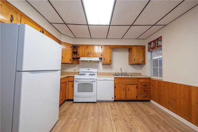 3240 Rothpletz St, Marshall Shadeland, PA 15212 - kitchen featuring white appliances, a paneled ceiling, light wood finished floors, light countertops, and brown cabinets