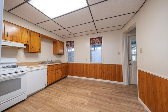 3240 Rothpletz St, Marshall Shadeland, PA 15212 - kitchen with white appliances, range hood, a wainscoted wall, a drop ceiling, and light wood-style floors