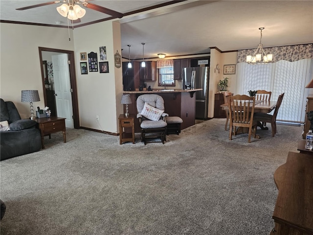 304 Bennington Rd, North Union Twp, PA 15445 - carpeted living area featuring ornamental molding, a chandelier, and a ceiling fan
