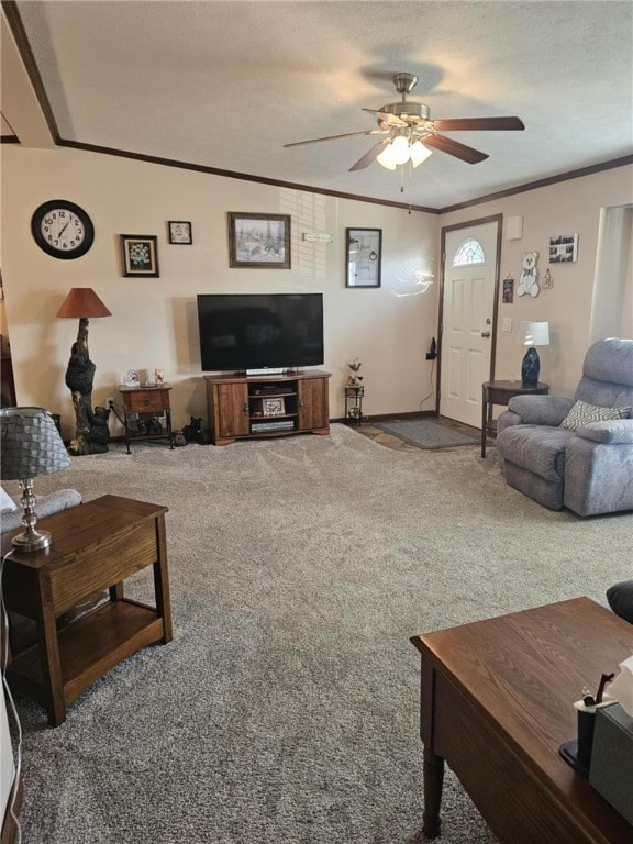 304 Bennington Rd, North Union Twp, PA 15445 - living room with carpet floors, ceiling fan, and ornamental molding