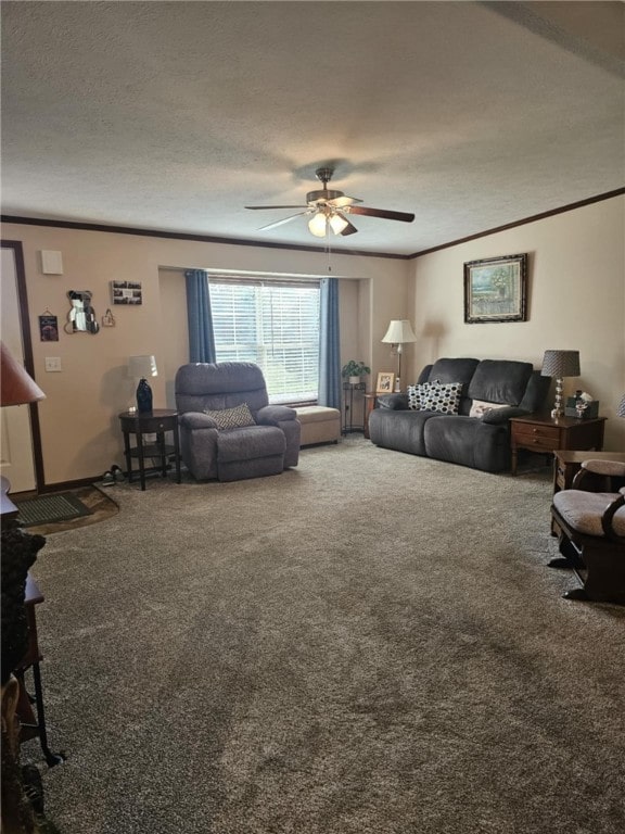 304 Bennington Rd, North Union Twp, PA 15445 - carpeted living room featuring ornamental molding, a ceiling fan, and a textured ceiling