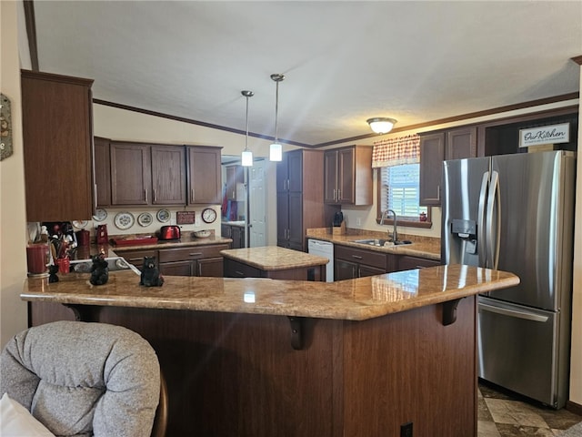 304 Bennington Rd, North Union Twp, PA 15445 - kitchen featuring stainless steel fridge, dishwasher, crown molding, dark brown cabinetry, and a peninsula
