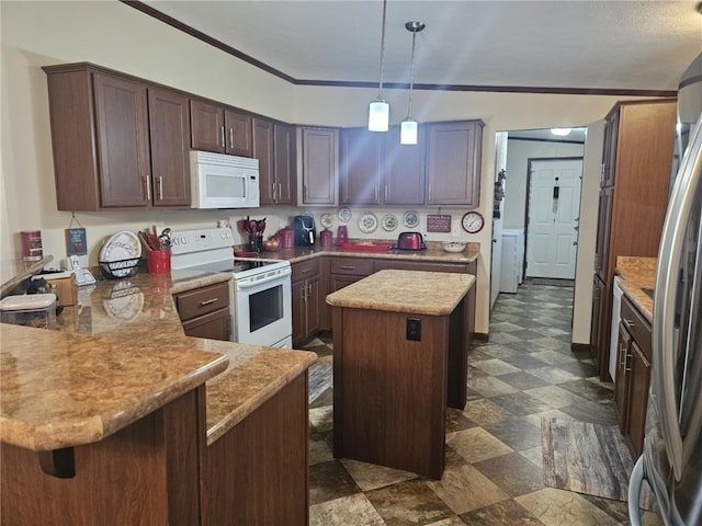 304 Bennington Rd, North Union Twp, PA 15445 - kitchen featuring white appliances, a peninsula, hanging light fixtures, a kitchen island, and light countertops