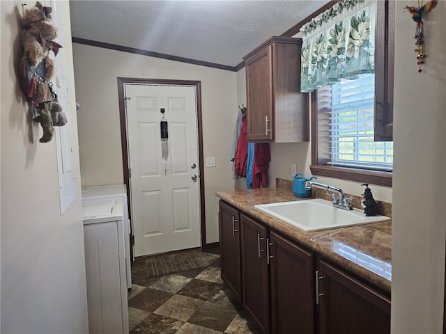 304 Bennington Rd, North Union Twp, PA 15445 - kitchen with ornamental molding, a textured ceiling, and dark brown cabinets