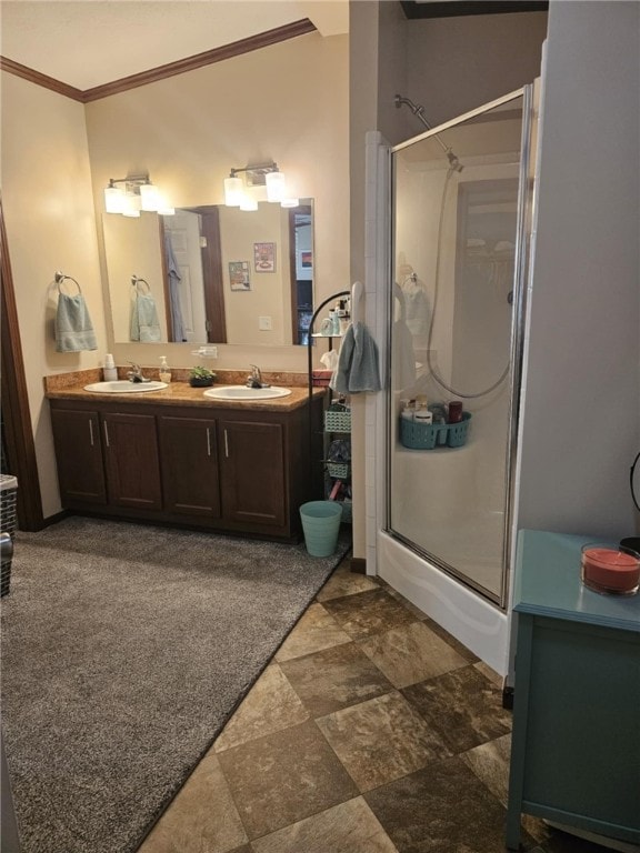 304 Bennington Rd, North Union Twp, PA 15445 - full bathroom featuring a shower with shower door, crown molding, and double vanity