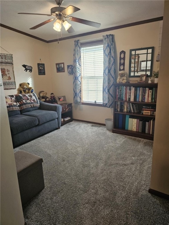 304 Bennington Rd, North Union Twp, PA 15445 - living room featuring ornamental molding, carpet, and a ceiling fan