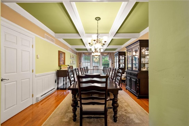 102 Klages Rd, Donegal, PA 15376 - dining space featuring a baseboard radiator, a chandelier, coffered ceiling, wood finished floors, and beam ceiling
