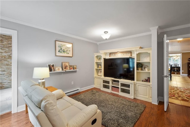 102 Klages Rd, Donegal, PA 15376 - living area featuring a baseboard radiator, crown molding, and wood finished floors