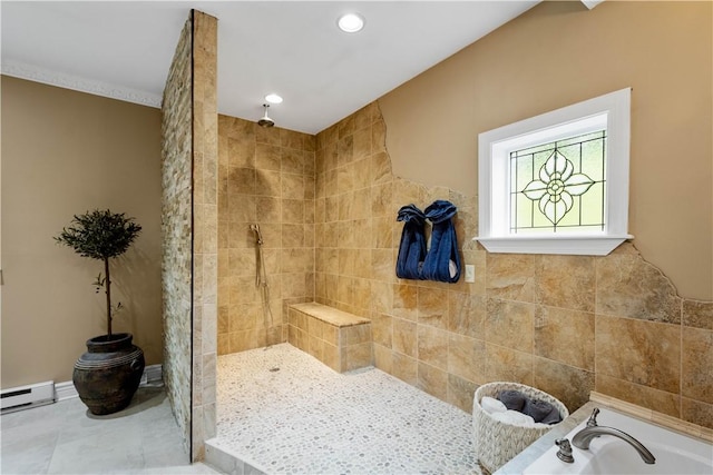 102 Klages Rd, Donegal, PA 15376 - full bathroom with a tile shower, a garden tub, recessed lighting, and a baseboard heating unit