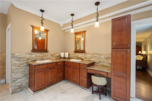 102 Klages Rd, Donegal, PA 15376 - full bathroom with double vanity, ornamental molding, and backsplash