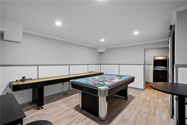 102 Klages Rd, Donegal, PA 15376 - game room with wood finished floors, wainscoting, recessed lighting, ornamental molding, and a barn door