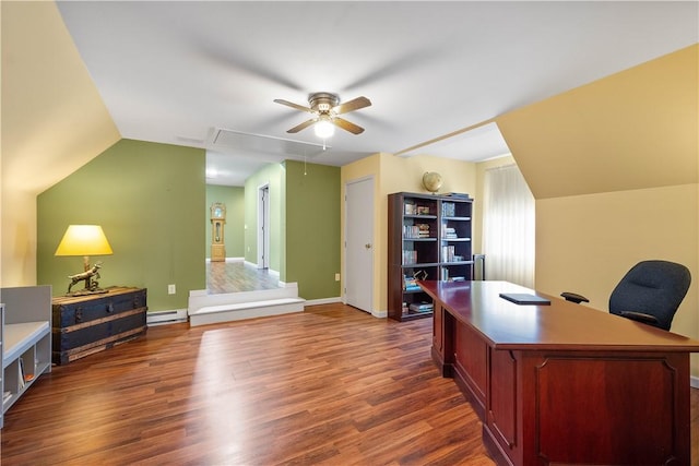 102 Klages Rd, Donegal, PA 15376 - office area featuring attic access, a ceiling fan, dark wood finished floors, a baseboard radiator, and vaulted ceiling