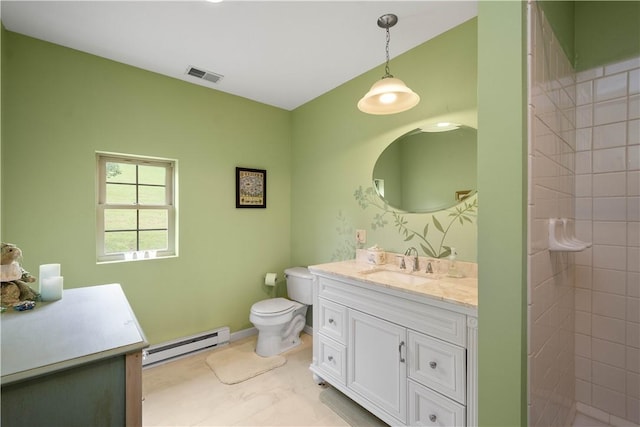102 Klages Rd, Donegal, PA 15376 - bathroom featuring a baseboard heating unit, vanity, and tiled shower