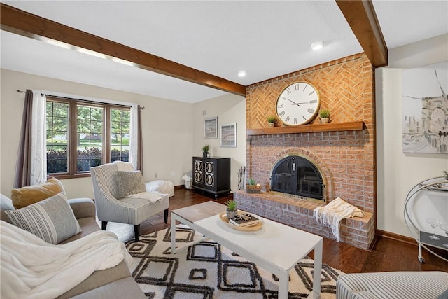 2455 Dogwood Dr, Franklin Park, PA 15090 - living area with beamed ceiling, a brick fireplace, dark wood finished floors, and recessed lighting