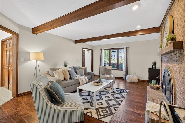 2455 Dogwood Dr, Franklin Park, PA 15090 - living area featuring beamed ceiling, a fireplace, wood finished floors, and recessed lighting
