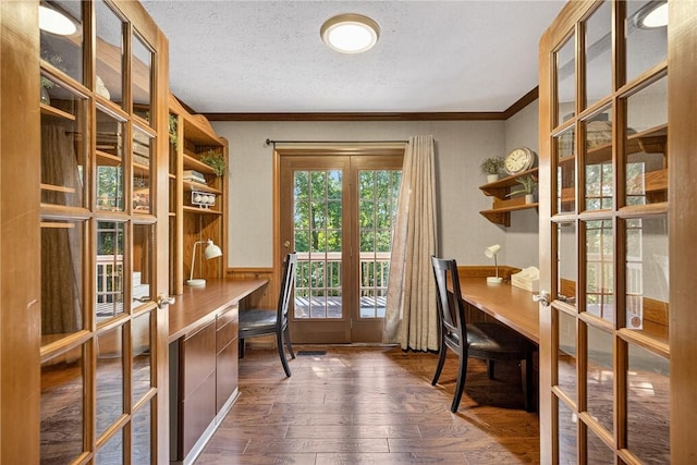 2455 Dogwood Dr, Franklin Park, PA 15090 - home office featuring crown molding, dark wood-type flooring, a textured ceiling, and a wainscoted wall