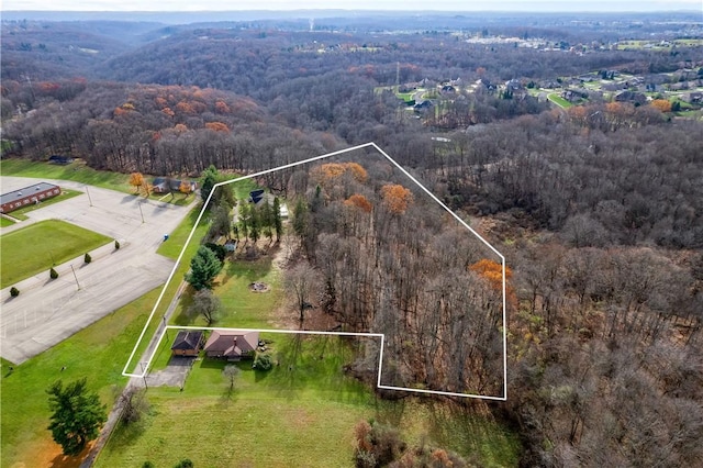 1664 N Main St, Center Twp, PA 16001 - aerial view of property and surrounding area featuring a heavily wooded area and property parcel outlined