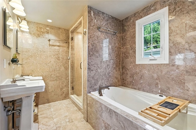 590 Kenilworth Dr, Mt Lebanon, PA 15228 - bathroom with a bath, a shower stall, and tile walls
