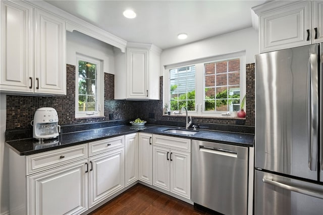 590 Kenilworth Dr, Mt Lebanon, PA 15228 - kitchen featuring stainless steel appliances, healthy amount of natural light, dark wood-style floors, white cabinets, and recessed lighting