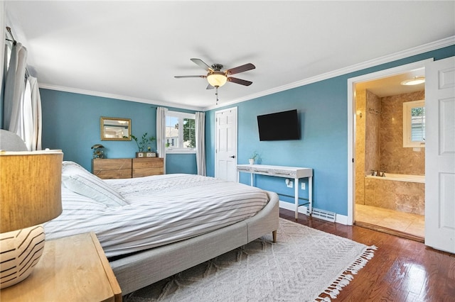 590 Kenilworth Dr, Mt Lebanon, PA 15228 - bedroom with wood finished floors, ornamental molding, connected bathroom, ceiling fan, and a closet