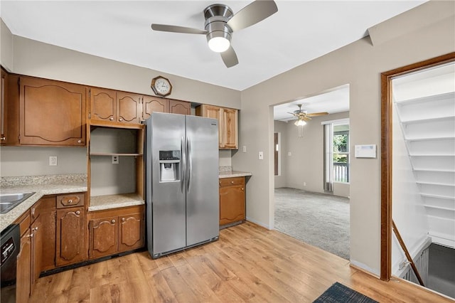 3259 Brodhead Rd, Center Twp, PA 15001 - kitchen featuring stainless steel fridge, a ceiling fan, light countertops, and light wood finished floors